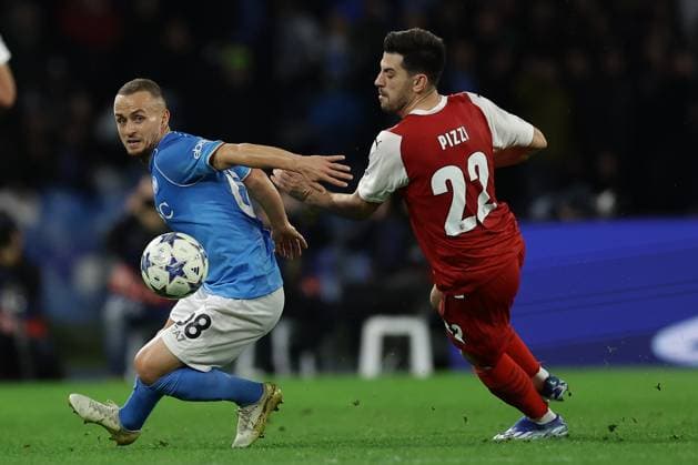 Champions League match SSC Napoli vs Braga SSC Napoli s Slovak midfielder Stanislav Lobotka challenges for the ball with Braga™s Portuguese midfielder Pizzi during the Uefa champions league match between SSC Napoli vs Braga at the Diego Armando Maradona Stadium in Naples, southern Italy, on December 12, 2023. ABPH6095 Copyright: xAntonioxBalascox