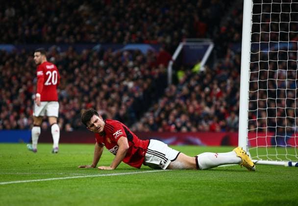 Harry Maguire of Manchester United, ManU reacts Manchester United v Bayern Munich, UEFA Champions League, Group A, Football, Old Trafford, Manchester, UK - 12 Dec 2023 EDITORIAL USE ONLY No use with unauthorised audio, video, data, fixture lists, club league logos or live services. Online in-match use limited to 120 images, no video emulation. No use in betting, games or single club league player publications. Copyright: xMattxWest Shutterstockx 14254194ag