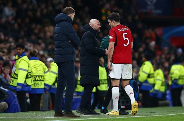 Harry Maguire of Manchester United, ManU speaks to Manchester United manager Erik Ten Hag as he comes off injured Manchester United v Bayern Munich, UEFA Champions League, Group A, Football, Old Trafford, Manchester, UK - 12 Dec 2023 EDITORIAL USE ONLY No use with unauthorised audio, video, data, fixture lists, club league logos or live services. Online in-match use limited to 120 images, no video emulation. No use in betting, games or single club league player publications. Copyright: xMattxWest Shutterstockx 14254194ai