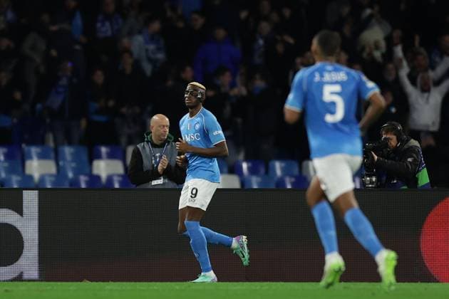 Champions League match SSC Napoli vs Braga SSC Napoli s Nigerian forward Victor Osimhen celebrates after scoring a goal during the Uefa champions league match between SSC Napoli vs Braga at the Diego Armando Maradona Stadium in Naples, southern Italy, on December 12, 2023. ABPH6222 Copyright: xAntonioxBalascox