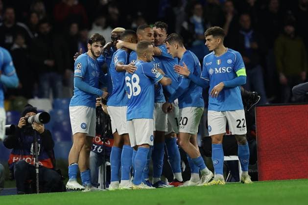 Champions League match SSC Napoli vs Braga SSC Napoli s Nigerian forward Victor Osimhen celebrates after scoring a goal during the Uefa champions league match between SSC Napoli vs Braga at the Diego Armando Maradona Stadium in Naples, southern Italy, on December 12, 2023. ABPH6313 Copyright: xAntonioxBalascox