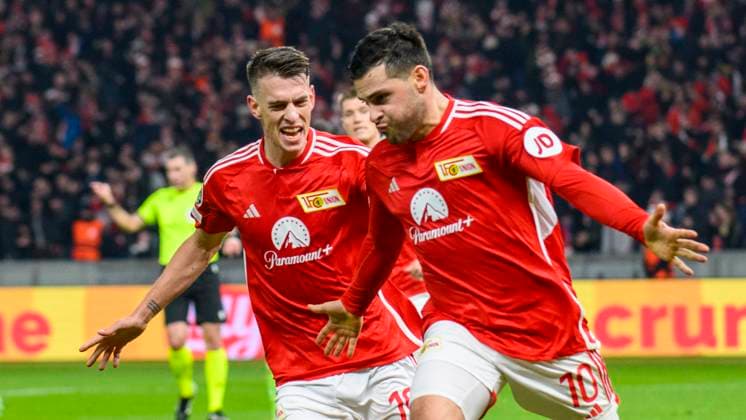 Kevin Volland 1 FC Union Berlin, 10 , 1 0, goal, goal, hit, in, jubilation, goal celebration, joy, enthusiasm, GER, 1 FC Union Berlin vs Real Madrid, UEFA Champions League, 6 group match, 2023 2024 season, 12 12 2023, DFL REGULATIONS PROHIBIT ANY USE OF PHOTOGRAPHS AS IMAGE SEQUENCES AND OR QUASI VIDEO, GER, Berlin, 1 FC Union Berlin vs 1 FC Union Berlin vs Real Madrid, UEFA Champions League, 6 group match, 2023 2024 season, 12 12 2023, xukhx, Copyright: xUwexKoch Eibner-Pressefotox EP_UKH