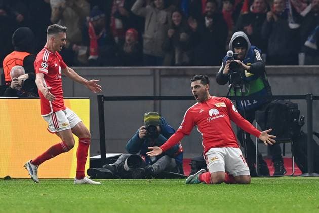 Football, Men, Season 2023 2024, UEFA Champions League Group C, Matchday 6 , 1 FC Union Berlin Real Madrid, f l Janik Haberer 1 FC Union Berlin and Kevin Volland 1 FC Union Berlin Goal celebration, cheering after the goal for 1 0 , 12 12 2023, Copyright: xMatthiasxKochx