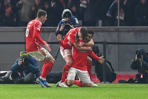 Football, Men, Season 2023 2024, UEFA Champions League Group C, Matchday 6 , 1 FC Union Berlin Real Madrid, f l Robin Gosens 1 FC Union Berlin , Janik Haberer 1 FC Union Berlin and Kevin Volland 1 FC Union Berlin Goal celebration, cheering after the goal for 1 0 , 12 12 2023, Copyright: xMatthiasxKochx
