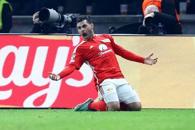 12 12 2023, xtgx, Fußball UEFA Champions League, Union Berlin Real Madrid emspor, v l Torjubel nach dem Tor zum celebrating the goal celebrate 1 0 durch Kevin Volland 1 FC Union Berlin DFL DFB REGULATIONS PROHIBIT ANY USE OF PHOTOGRAPHS as IMAGE SEQUENCES and or QUASI VIDEO Berlin
