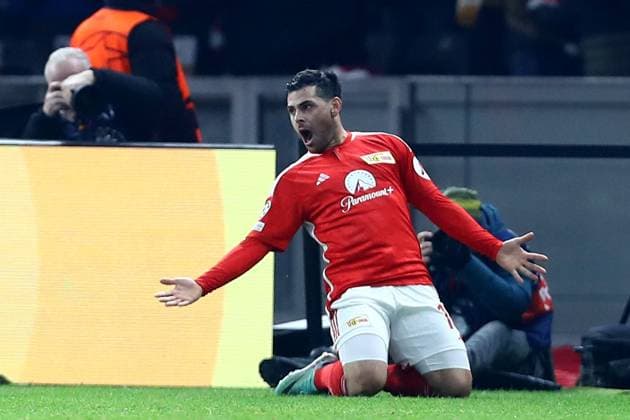 12 12 2023, xtgx, Fußball UEFA Champions League, Union Berlin Real Madrid emspor, v l Torjubel nach dem Tor zum celebrating the goal celebrate 1 0 durch Kevin Volland 1 FC Union Berlin DFL DFB REGULATIONS PROHIBIT ANY USE OF PHOTOGRAPHS as IMAGE SEQUENCES and or QUASI VIDEO Berlin