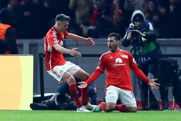 12 12 2023, xtgx, Fußball UEFA Champions League, Union Berlin Real Madrid emspor, v l Torjubel nach dem Tor zum celebrating the goal celebrate 1 0 durch Kevin Volland 1 FC Union Berlin DFL DFB REGULATIONS PROHIBIT ANY USE OF PHOTOGRAPHS as IMAGE SEQUENCES and or QUASI VIDEO Berlin