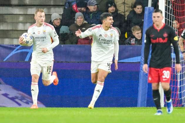 SOCCER - UEFA CL, RBS vs Benfica SALZBURG,AUSTRIA,12.DEC.23 - SOCCER - UEFA Champions League, group stage, Red Bull Salzburg vs SL Benfica. Image shows the rejoicing of Tomas Araujo (Benfica).  GEPAxpictures xChristianxMoser