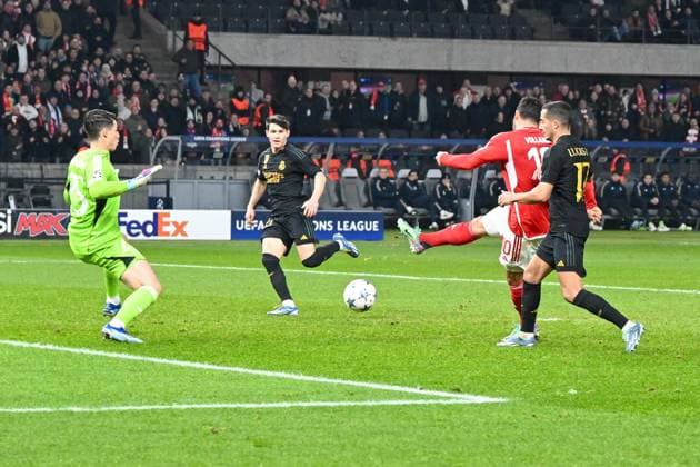 Football, Men, Season 2023 2024, UEFA Champions League Group C, Matchday 6 , 1 FC Union Berlin Real Madrid, f l Kepa Arrizabalaga Real Madrid , Kevin Volland 1 FC Union Berlin and Lucas Vazquez Real Madrid Kevin Volland 1 FC Union Berlin scores the goal to make it 1 0 , 12 12 2023, Copyright: xMatthiasxKochx