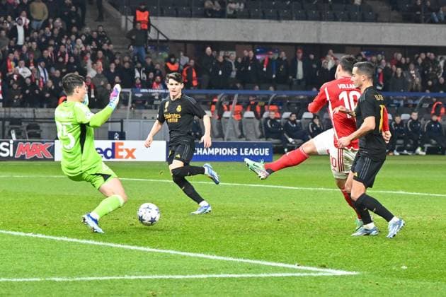 Football, Men, Season 2023 2024, UEFA Champions League Group C, Matchday 6 , 1 FC Union Berlin Real Madrid, f l Kepa Arrizabalaga Real Madrid , Kevin Volland 1 FC Union Berlin and Lucas Vazquez Real Madrid Kevin Volland 1 FC Union Berlin scores the goal to make it 1 0 , 12 12 2023, Copyright: xMatthiasxKochx