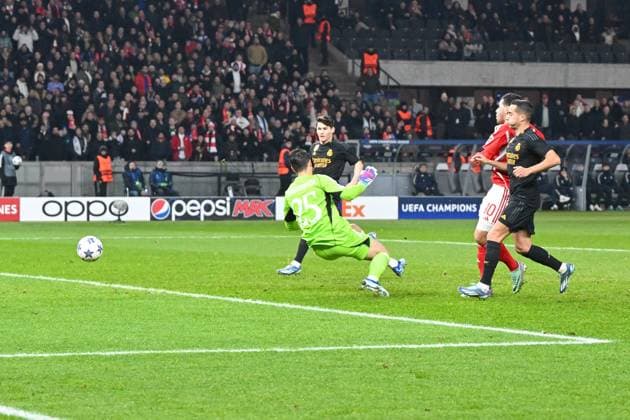 Football, Men, Season 2023 2024, UEFA Champions League Group C, Matchday 6 , 1 FC Union Berlin Real Madrid, f l Kepa Arrizabalaga Real Madrid , Kevin Volland 1 FC Union Berlin and Lucas Vazquez Real Madrid Kevin Volland 1 FC Union Berlin scores the goal to make it 1 0 , 12 12 2023, Copyright: xMatthiasxKochx