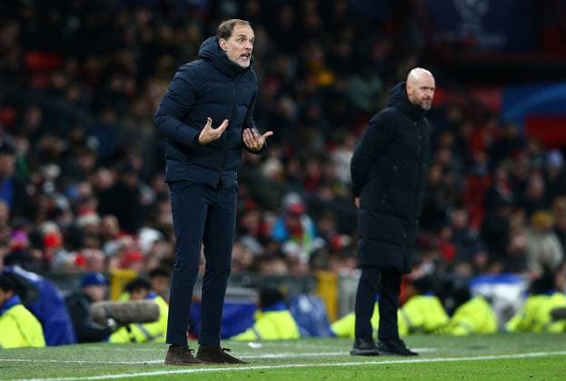 Bayern Munich manager Thomas Tuchel instructs his players from the sideline Manchester United, ManU v Bayern Munich, UEFA Champions League, Group A, Football, Old Trafford, Manchester, UK - 12 Dec 2023 EDITORIAL USE ONLY No use with unauthorised audio, video, data, fixture lists, club league logos or live services. Online in-match use limited to 120 images, no video emulation. No use in betting, games or single club league player publications.  Copyright: xMattxWest Shutterstockx 14254194bd