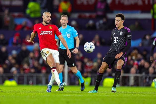 Manchester United, ManU v Bayern Munich Champions League 12 12 2023. Sofyan Amrabat (4) of Manchester United during the Champions League match between Manchester United and Bayern Munich at Old Trafford, Manchester, England on 12 December 2023. Editorial use only , Copyright: xNigelxKeenex PSI-18580-0048