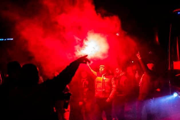 Fans from the Turkish club Galatasaray go on a fan march from Svanemoellen Station towards the Park on Tuesday 12 December 2023 Galatasaray meets FC Copenhagen on Tuesday in the Park in the group stage of the Champions League Photo Martin Sylvest 2023 , Copenhagen Denmark  Copyright: MartinxSylvest MartinxSylvestx COP15268 spdk20231212-203000-L