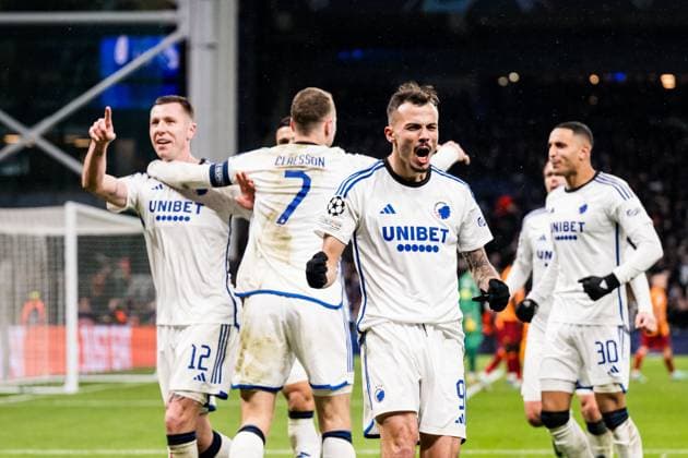 231212 Lukas Lerager and Diogo Goncalves of FC Copenhagen celebrates with team mates after 1 0 during the UEFA Champions League football match between FC Copenhagen and Galatasaray on December 12, 2023 in Copenhagen Photo Petter Arvidson BILDBYRAN kod PA PA0704 fotboll football soccer fotball champions league fc copenhagen galatasaray bbeng jubel  Copyright: PETTERxARVIDSON BB231212PA082