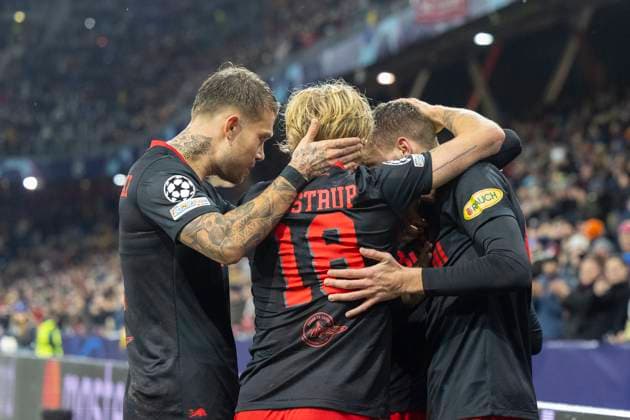 SOCCER - UEFA CL, RBS vs Benfica SALZBURG,AUSTRIA,12.DEC.23 - SOCCER - UEFA Champions League, group stage, Red Bull Salzburg vs SL Benfica. Image shows the rejoicing of RBS.  GEPAxpictures xGintarexKarpaviciute