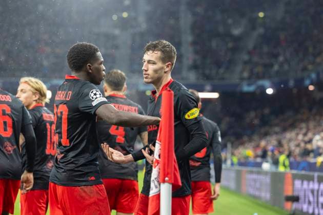 SOCCER - UEFA CL, RBS vs Benfica SALZBURG,AUSTRIA,12.DEC.23 - SOCCER - UEFA Champions League, group stage, Red Bull Salzburg vs SL Benfica. Image shows the rejoicing of Lucas Gourna-Douath and Luka Sucic (RBS).  GEPAxpictures xGintarexKarpaviciute