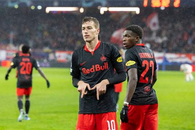 SOCCER - UEFA CL, RBS vs Benfica SALZBURG,AUSTRIA,12.DEC.23 - SOCCER - UEFA Champions League, group stage, Red Bull Salzburg vs SL Benfica. Image shows the rejoicing of Luka Sucic and Lucas Gourna-Douath (RBS).  GEPAxpictures xGintarexKarpaviciute