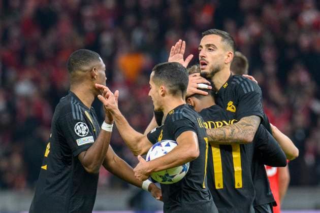 Goal, goal, in, jubilation, goal celebration, joy, enthusiasm, after 1 1 by Joselu Real Madrid, 14 , GER, 1 FC Union Berlin vs Real Madrid, UEFA Champions League, 6 group match, season season 2023 2024, 12 12 2023, DFL REGULATIONS PROHIBIT ANY USE OF PHOTOGRAPHS AS IMAGE SEQUENCES AND OR QUASI VIDEO, GER, Berlin, 1 FC Union Berlin vs 1 FC Union Berlin vs Real Madrid, UEFA Champions League, 6 group match, 2023 2024 season, 12 12 2023, xukhx, Copyright: xUwexKoch Eibner-Pressefotox EP_UKH