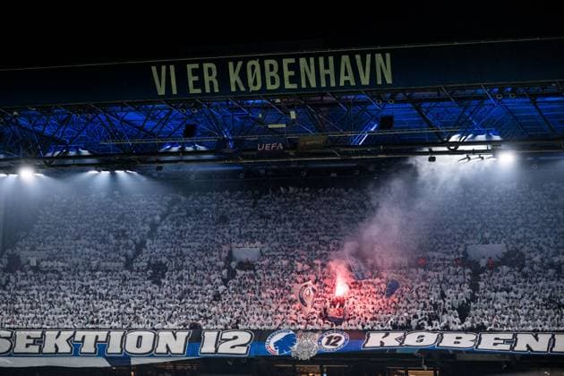 231212 Fans of FC Copenhagen celebrate after 1 0 during the UEFA Champions League football match between FC Copenhagen and Galatasaray on December 12, 2023 in Copenhagen Photo Petter Arvidson BILDBYRAN kod PA PA0704 fotboll football soccer fotball champions league fc copenhagen galatasaray bbeng publik pyroteknik  Copyright: PETTERxARVIDSON BB231212PA091