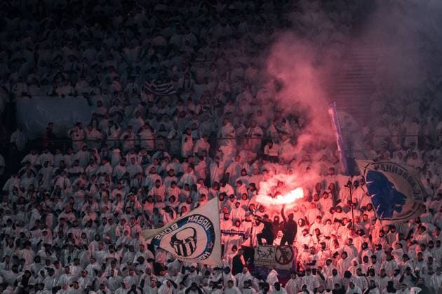 231212 Fans of FC Copenhagen celebrate after 1 0 during the UEFA Champions League football match between FC Copenhagen and Galatasaray on December 12, 2023 in Copenhagen Photo Petter Arvidson BILDBYRAN kod PA PA0704 fotboll football soccer fotball champions league fc copenhagen galatasaray bbeng publik pyroteknik  Copyright: PETTERxARVIDSON BB231212PA092