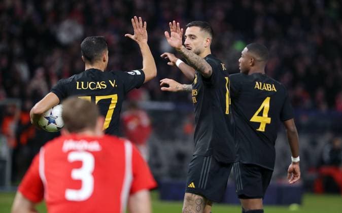 Joselu celebrates after 1 1 with Lucas Vazquez, David Alaba joy emotion jubilation Sport Football Soccer UEFA Champions League UCL Men 6 Matchday Season 2023 2024 12 12 2023 1 FC Union Berlin FCU vs Real Madrid Olympiastadion DFL regulations prohibit any use of photographs as image sequences and or quasi video