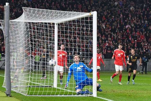 Football, Men, Season 2023 2024, UEFA Champions League Group C, Matchday 6 , 1 FC Union Berlin Real Madrid, v l Joselu Real Madrid scores the goal to 1 1 , 12 12 2023, Copyright: xMatthiasxKochx