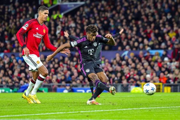 Manchester United, ManU v Bayern Munich Champions League 12 12 2023. Goal 0-1 Kingsley Coman (11) of Bayern Munich scores a goal during the Champions League match between Manchester United and Bayern Munich at Old Trafford, Manchester, England on 12 December 2023. Editorial use only , Copyright: xNigelxKeenex PSI-18580-0054