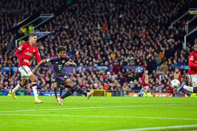 Manchester United, ManU v Bayern Munich Champions League 12 12 2023. Goal 0-1 Kingsley Coman (11) of Bayern Munich scores a goal during the Champions League match between Manchester United and Bayern Munich at Old Trafford, Manchester, England on 12 December 2023. Editorial use only , Copyright: xNigelxKeenex PSI-18580-0055