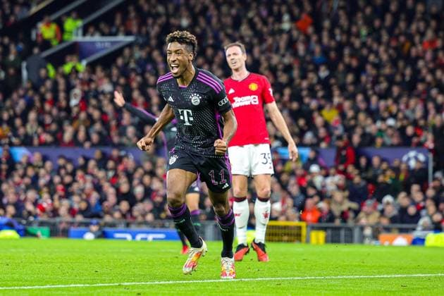 Manchester United, ManU v Bayern Munich Champions League 12 12 2023. Goal 0-1 Kingsley Coman (11) of Bayern Munich scores a goal and celebrates during the Champions League match between Manchester United and Bayern Munich at Old Trafford, Manchester, England on 12 December 2023. Editorial use only , Copyright: xNigelxKeenex PSI-18580-0056