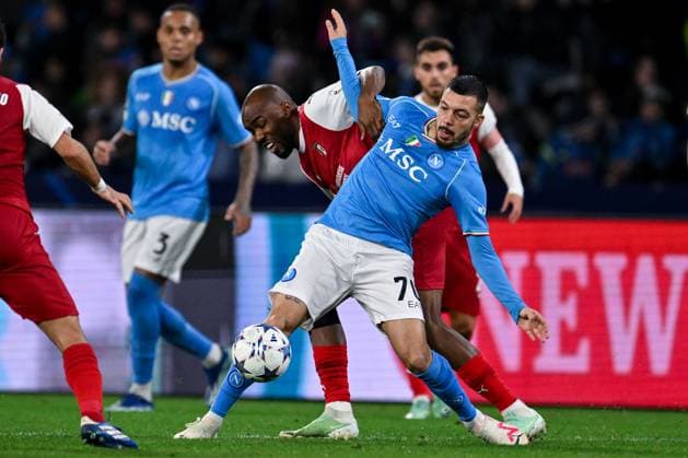 Ci Napoli 12 12 2023 - Champions League Napoli-Braga foto Carmelo Imbesi Image nella foto: Gianluca Gaetano-Al Musrati 