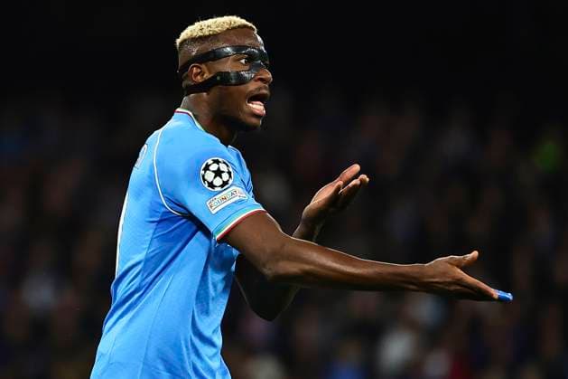 Victor Osimhen of SSC Napoli gestures during the Champions League Group C football match between SSC Napoli and SC Braga at Diego Armando Maradona stadium in Naples (Italy), December 12th, 2023. cesarexpurini