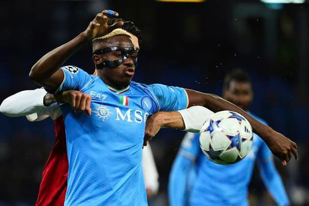 Victor Osimhen of SSC Napoli in action during the Champions League Group C football match between SSC Napoli and SC Braga at Diego Armando Maradona stadium in Naples (Italy), December 12th, 2023. cesarexpurini
