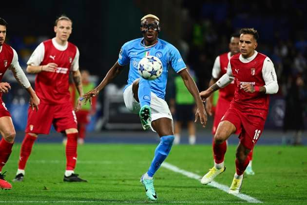 Victor Osimhen of SSC Napoli in action during the Champions League Group C football match between SSC Napoli and SC Braga at Diego Armando Maradona stadium in Naples (Italy), December 12th, 2023. cesarexpurini