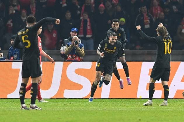 Football, Men, Season 2023 2024, UEFA Champions League Group C, Matchday 6 , 1 FC Union Berlin Real Madrid, v l Joselu Real Madrid goal celebration, cheers after scoring 1 2 , 12 12 2023, Copyright: xMatthiasxKochx