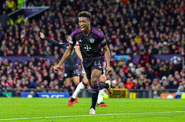 Manchester United, ManU v Bayern Munich Champions League 12 12 2023. Goal 0-1 Kingsley Coman (11) of Bayern Munich scores a goal and celebrates during the Champions League match between Manchester United and Bayern Munich at Old Trafford, Manchester, England on 12 December 2023. Editorial use only , Copyright: xNigelxKeenex PSI-18580-0063