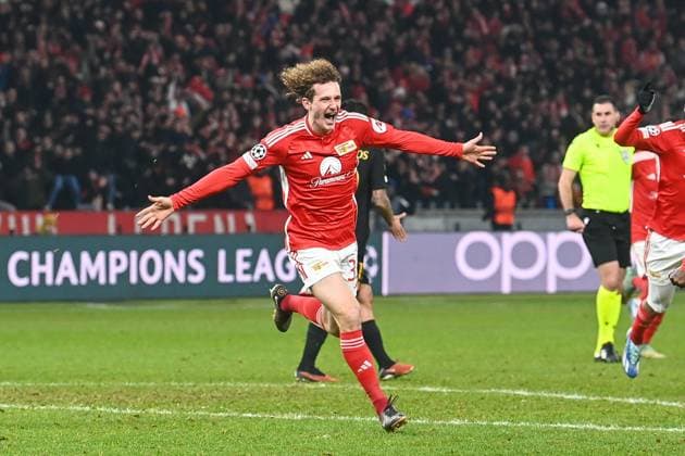 Football, Men, Season 2023 2024, UEFA Champions League Group C, Matchday 6 , 1 FC Union Berlin Real Madrid, v l Alex Kral 1 FC Union Berlin Goal celebration, cheers after the goal to 2 2 , 12 12 2023, Copyright: xMatthiasxKochx