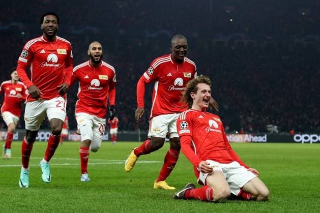 12 12 2023, xtgx, Fußball UEFA Champions League, Union Berlin Real Madrid emspor, v l Torjubel nach dem Tor zum celebrating the goal celebrate 2 2 durch Alex Kral 1 FC Union Berlin DFL DFB REGULATIONS PROHIBIT ANY USE OF PHOTOGRAPHS as IMAGE SEQUENCES and or QUASI VIDEO Berlin