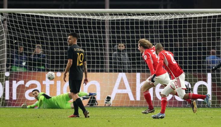 Alex Kral scores the goal to equalize 2 2 against goalkeeper Kepa Arrizabalaga Sport Football Soccer UEFA Champions League UCL Men 6 Matchday Season 2023 2024 12 12 2023 1 FC Union Berlin FCU vs Real Madrid Olympiastadion DFL regulations prohibit any use of photographs as image sequences and or quasi video