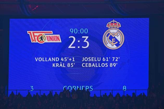 Football, Men, Season 2023 2024, UEFA Champions League Group C, Matchday 6 , 1 FC Union Berlin Real Madrid, v l Scoreboard with the final score 2 3 , 12 12 2023, Copyright: xMatthiasxKochx