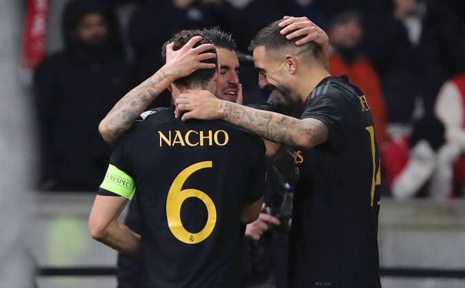 Dani Ceballos celebrates after 2 3 with Nacho Fernandez, Joselu joy emotion jubilation Sport Football Soccer UEFA Champions League UCL Men 6 Matchday Season 2023 2024 12 12 2023 1 FC Union Berlin FCU vs Real Madrid Olympiastadion DFL regulations prohibit any use of photographs as image sequences and or quasi video
