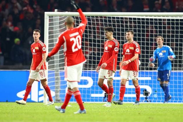 12 12 2023, xtgx, Football UEFA Champions League, Union Berlin Real Madrid emspor, v l Janik Haberer 1 FC Union Berlin Diego Leite 1 FC Union Berlin Robin Knoche 1 FC Union Berlin Frederik Roennow 1 FC Union Berlin Enttäuscht enttaeuscht traurig frustriert DFL DFB REGULATIONS PROHIBIT ANY USE OF PHOTOGRAPHS as IMAGE SEQUENCES and or QUASI VIDEO Berlin