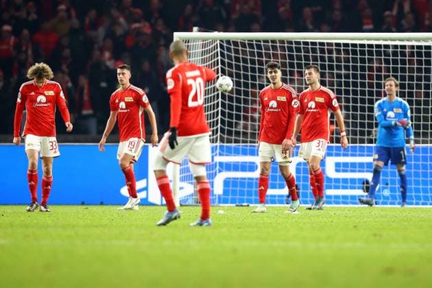 12 12 2023, xtgx, Football UEFA Champions League, Union Berlin Real Madrid emspor, v l Alex Kral 1 FC Union Berlin Janik Haberer 1 FC Union Berlin Diego Leite 1 FC Union Berlin Robin Knoche 1 FC Union Berlin Frederik Roennow 1 FC Union Berlin Enttäuscht enttaeuscht traurig frustriert DFL DFB REGULATIONS PROHIBIT ANY USE OF PHOTOGRAPHS AS IMAGE SEQUENCES AND OR QUASI VIDEO Berlin