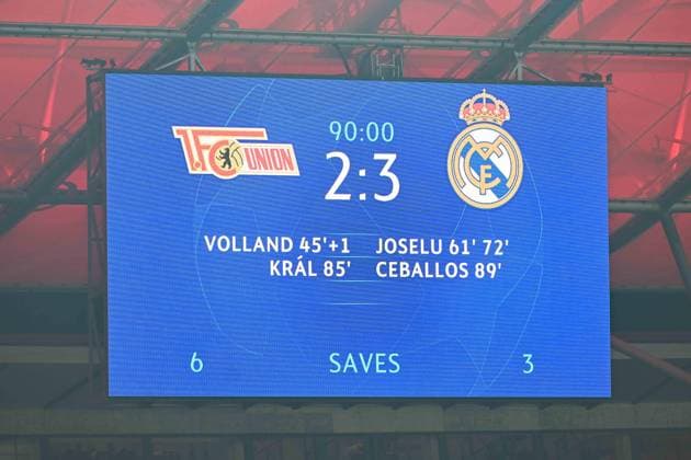 Football, Men, Season 2023 2024, UEFA Champions League Group C, Matchday 6 , 1 FC Union Berlin Real Madrid, v l Scoreboard with the final score 2 3 , 12 12 2023, Copyright: xMatthiasxKochx