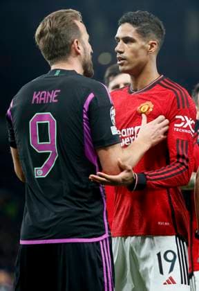 Manchester United, ManU v FC Bayern München: Group A - UEFA Champions League 2023 24 Harry Kane of Bayern Munich and Raphael Varane of Manchester United have words during the UEFA Champions League match between Manchester United and FC Bayern Munchen at Old Trafford on December 12, 2023 in Manchester, England. Manchester Old Trafford England United Kingdom Copyright: xRichardxSellers Sportsphoto APLx 13964018