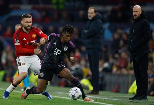 Manchester United, ManU v FC Bayern München: Group A - UEFA Champions League 2023 24 Luke Shaw of Manchester United and Kingsley Coman of Bayern Munich challenge during the UEFA Champions League match between Manchester United and FC Bayern Munchen at Old Trafford on December 12, 2023 in Manchester, England. Manchester Old Trafford England United Kingdom Copyright: xRichardxSellers Sportsphoto APLx 13963995