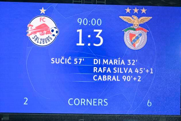 SOCCER - UEFA CL, RBS vs Benfica SALZBURG,AUSTRIA,12.DEC.23 - SOCCER - UEFA Champions League, group stage, Red Bull Salzburg vs SL Benfica. Image shows the scoreboard.  GEPAxpictures xChristianxMoser