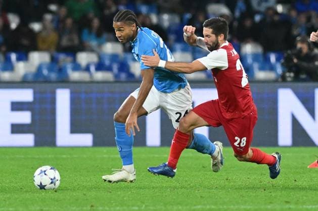 UEFA Champions League football match - SSC Napoli vs SC Braga Jens Cajuste of SSC Napoli competes for the ball with Joao Moutinho of SC Braga during the Uefa Champions League between SSC Napoli vs SC Braga at Diego Armando Maradona Stadium Naples Italy  Copyright: xIPAxSport ABACAx