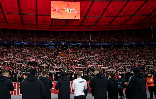 12 12 2023, Football, UEFA, Men, Champions League, Group C, Matchday 6, 1 FC Union Berlin Real Madrid 2 3 The Union Berlin players celebrate with their fans after the match Berlin Olympiastadion Berlin Germany