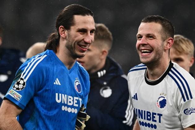 COPENHAGEN, DENMARK - DECEMBER 12: Kamil Grabara and Denis Vavro of FC Copenhagen celebrates victory after the UEFA Champions League match between F.C. Copenhagen and Galatasaray A.S. at Parken Stadium on December 12, 2023 in Copenhagen, D F.C. Copenhagen v Galatasaray A.S.: Group A - UEFA Champions League 2023 24 Copyright: xSebastianxFrejx